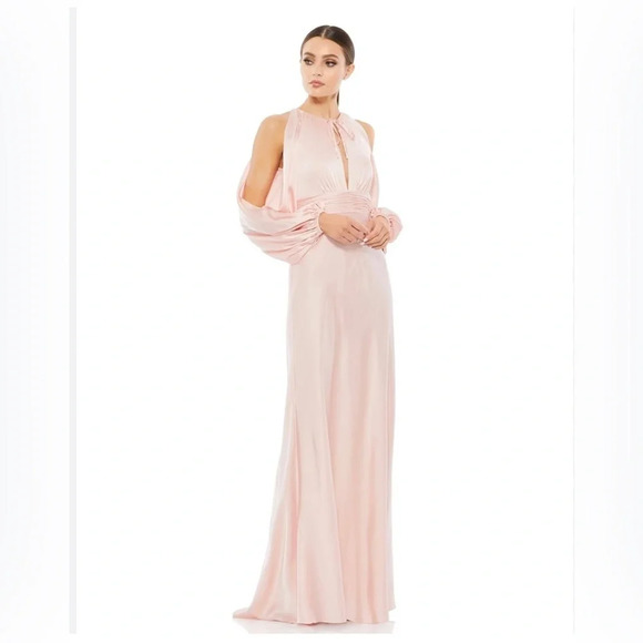 Ieena for Mac Duggal TIED KEYHOLE COLD SHOULDER BISHOP SLEEVE GOWN pink salmon - Picture 1 of 6